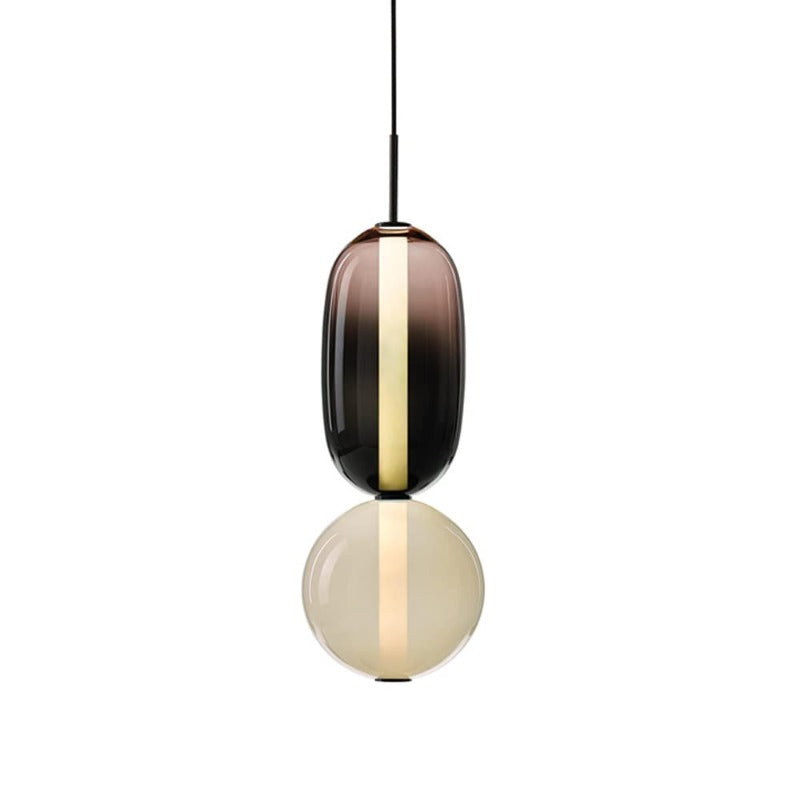 Morandi Style F: smoky elongated upper glass and pale rounded lower globe with black suspension