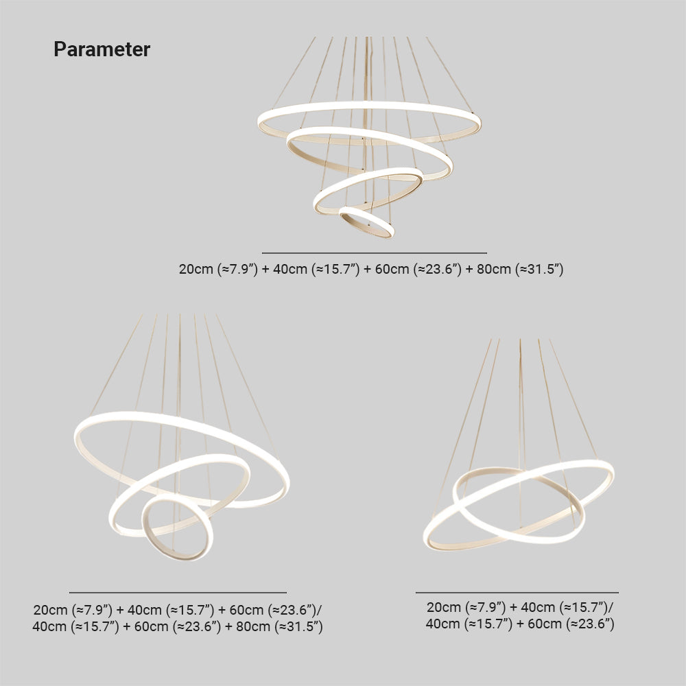 Diameter chart: two rings 20+40 or 40+60 cm; three 20+40+60 or 40+60+80 cm; four 20+40+60+80 cm