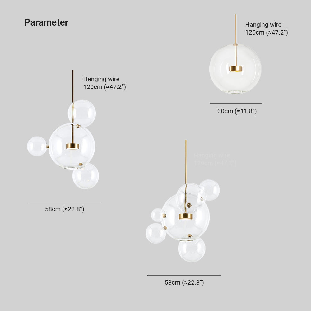 Parameter collage showing 30 cm single-globe width, 58 cm four- and six-globe widths, hanging wire marked 120 cm