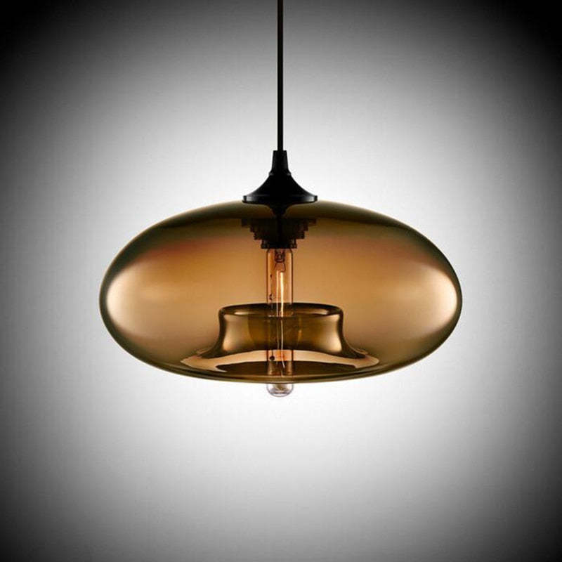 Brown oval glass shade with Black cap, cable, central bulb and inward-raised opening against a gradient background