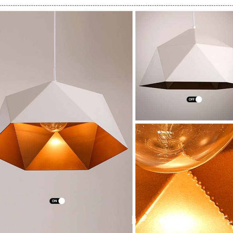 White faceted shade shown on and off, with close views of its metallic-looking interior and bulb