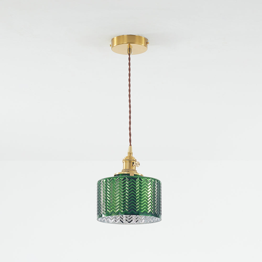 Full cylindrical green glass pendant with gold-colour holder and canopy and twisted brown cord on white