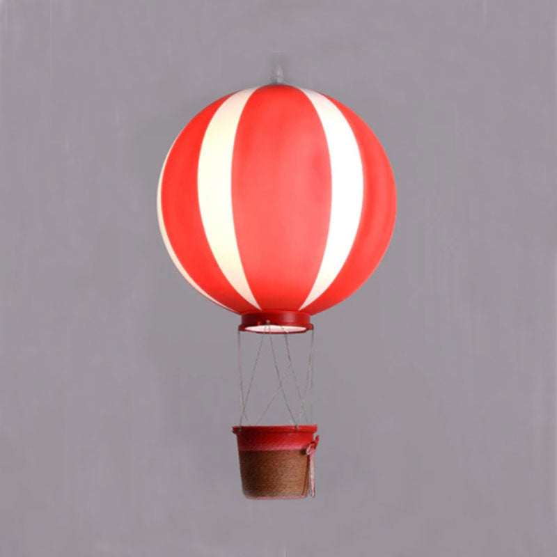 Red and pale striped E-type balloon pendant light with a red-rimmed hanging basket