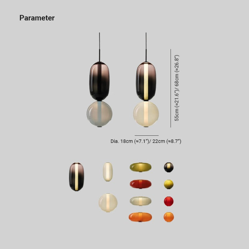 Two-form pendant drawing labelled 55 or 68 cm high and 18 or 22 cm diameter, with separate glass shapes below