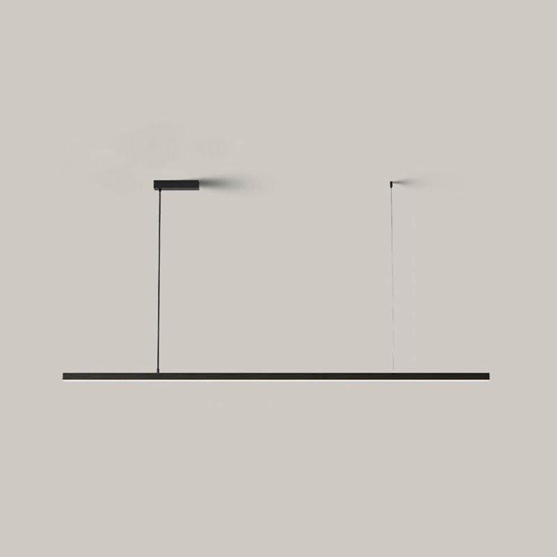 Isolated black Edge linear pendant with illuminated underside and two suspension points on grey background