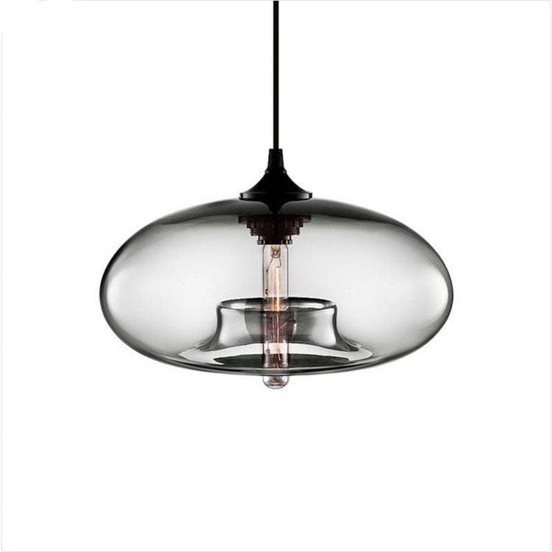 Light Gray-toned oval glass pendant with Black cap, cable and visible central bulb against a White background