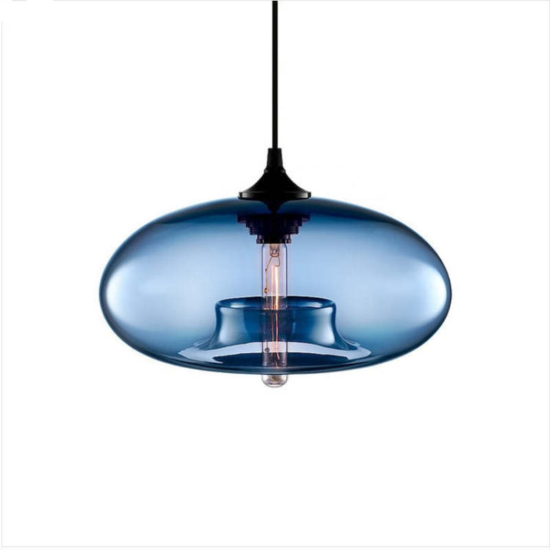 Blue oval glass pendant with Black cap, cable and visible central bulb against a White background