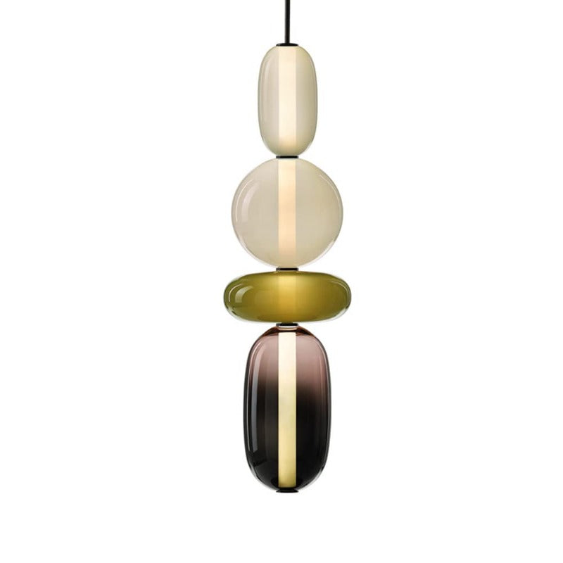 Four-form pendant with pale capsule and globe, olive-toned flattened oval and smoked lower capsule