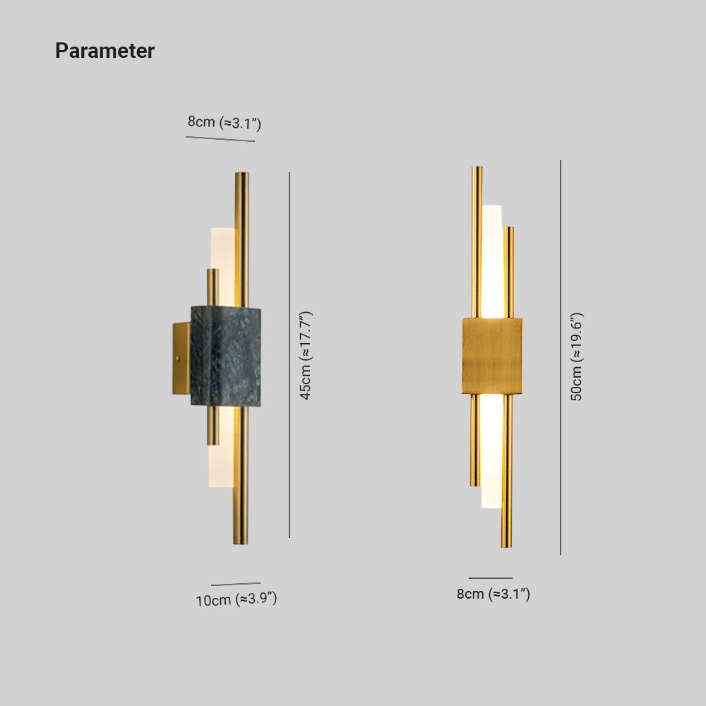 Alana diagram: Green version 45 cm high and 10 cm wide with 8 cm top projection mark; Gold version 50 cm high and 8 cm wide