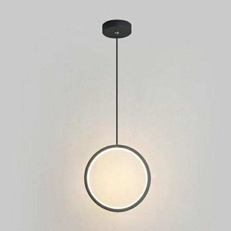 Dark-rim circular pendant suspended by a black cord below a low round black canopy