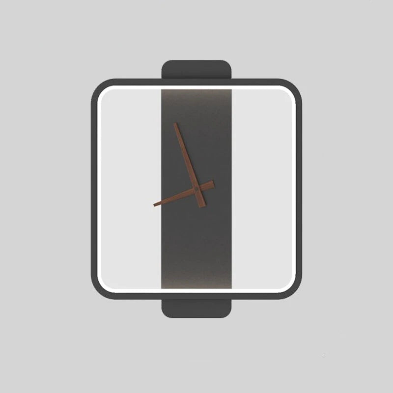 Black rounded-square wall light with White illuminated inner outline, rectangular backplate and Brown hands against Gray