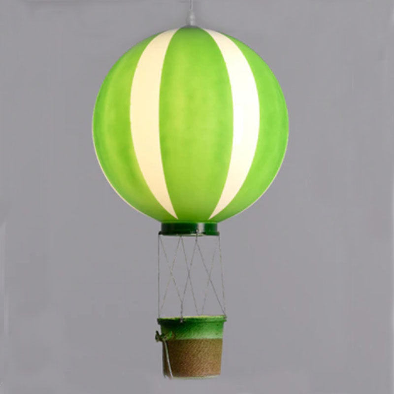Green and pale striped E-type balloon pendant light with a green-rimmed hanging basket