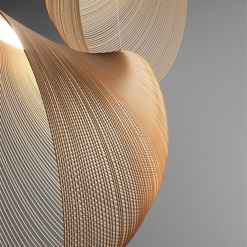 Detail of the Ozawa curved wooden slats and open spaces where two pendant forms overlap