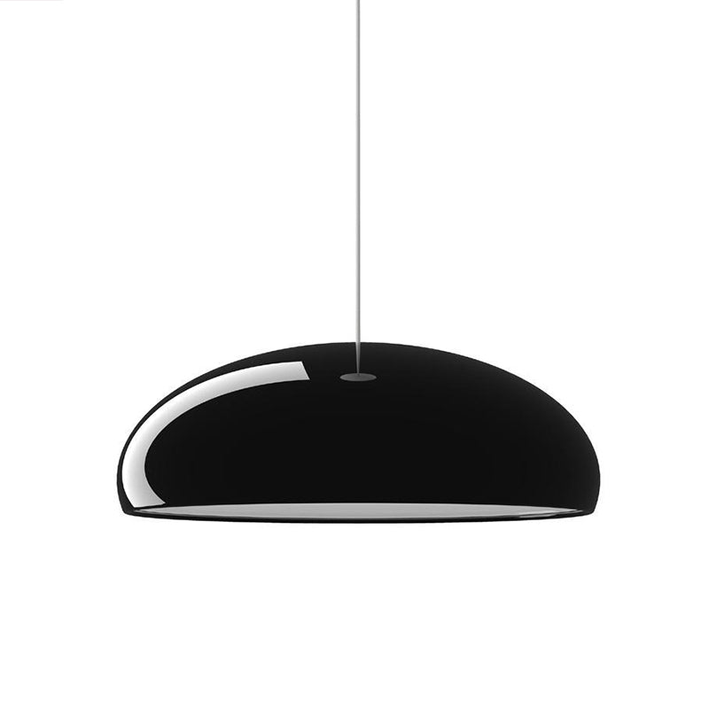 Black shallow dome pendant isolated on white, with a single cord and narrow pale lower edge