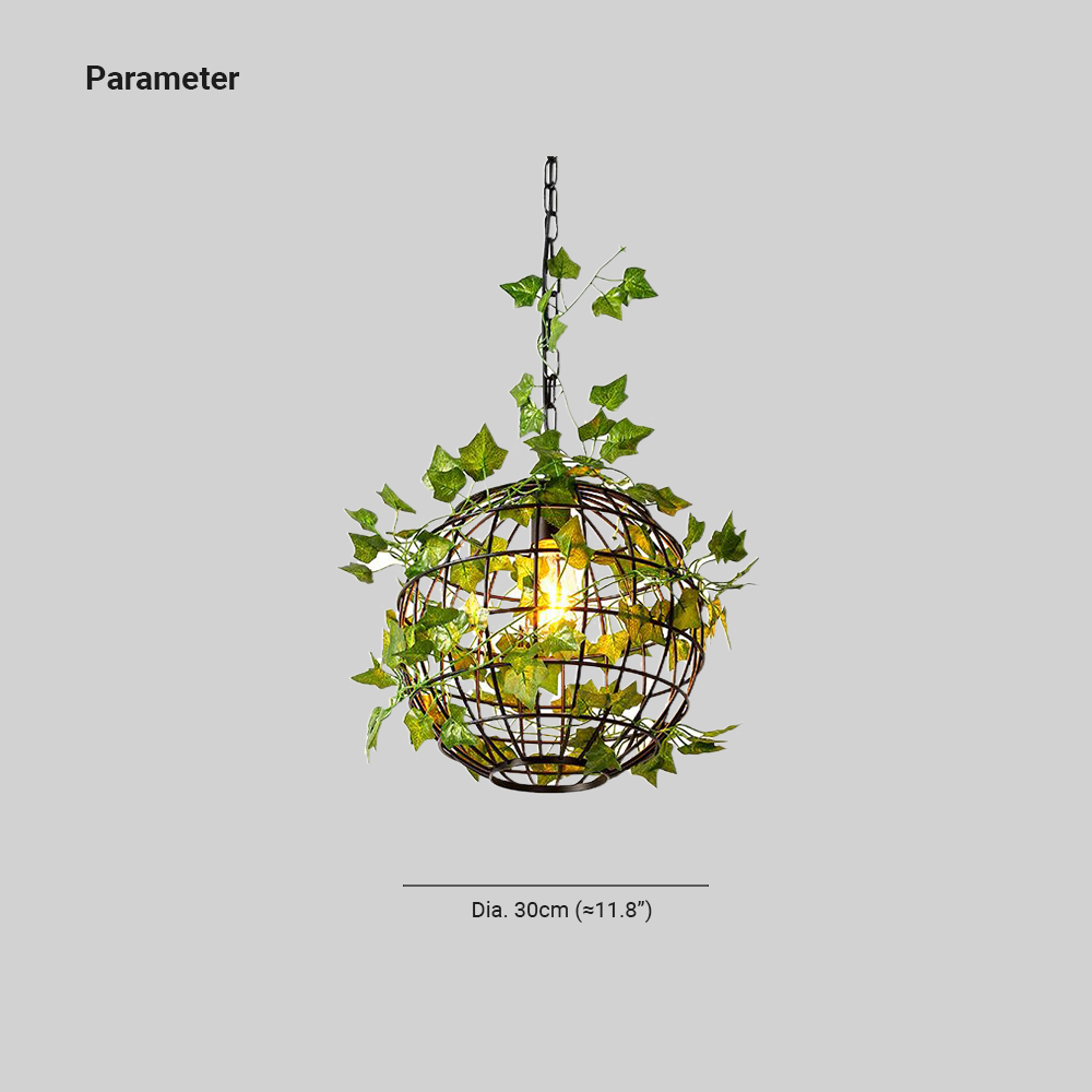 Nest pendant diagram showing a 30 cm diameter cage and leafy chain decoration.