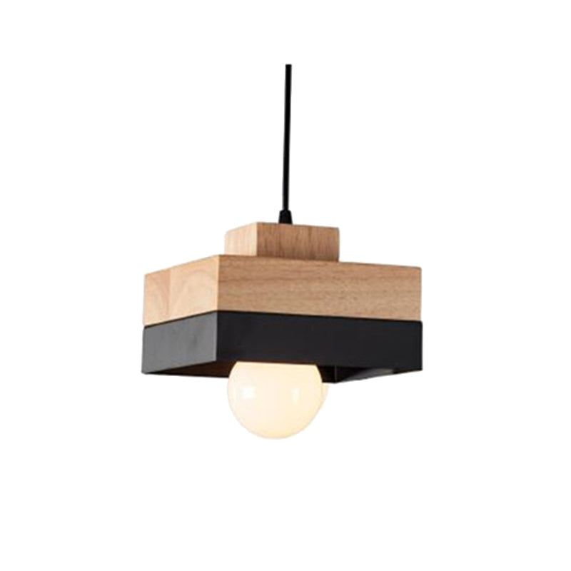 Black Square Morandi pendant with wood upper block and bulb below