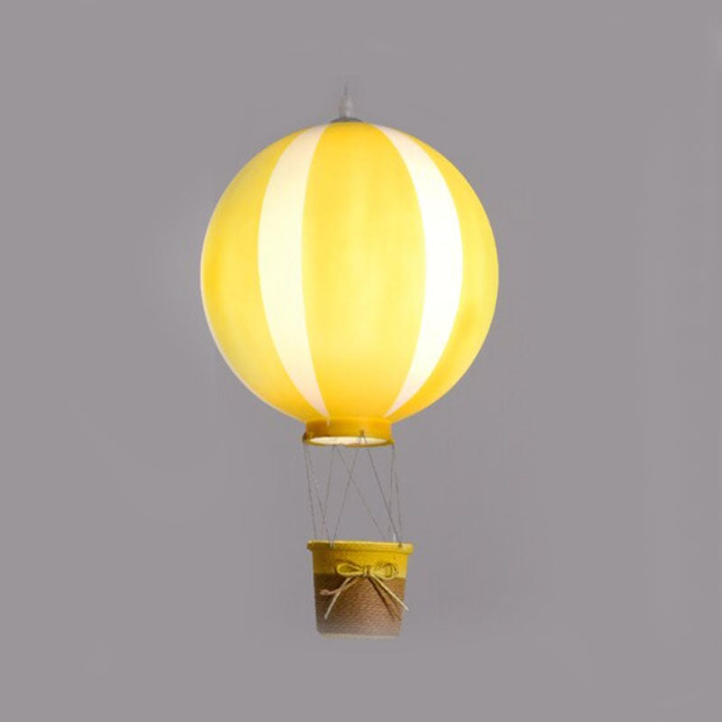 Yellow and pale striped E-type balloon pendant light with a yellow-rimmed hanging basket and bow