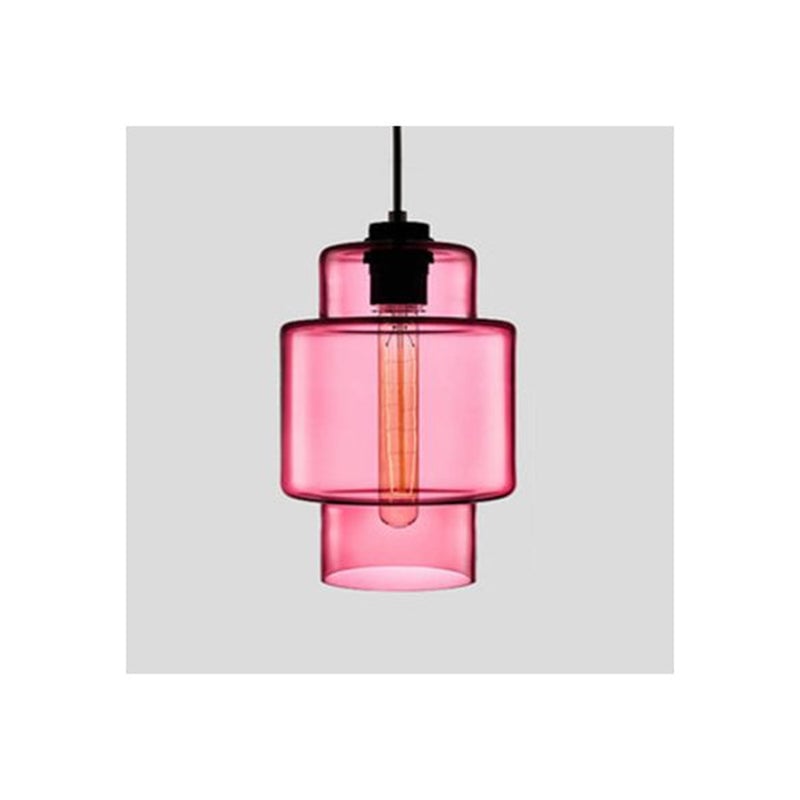 Pink stepped cylindrical glass pendant with black holder and suspension cord