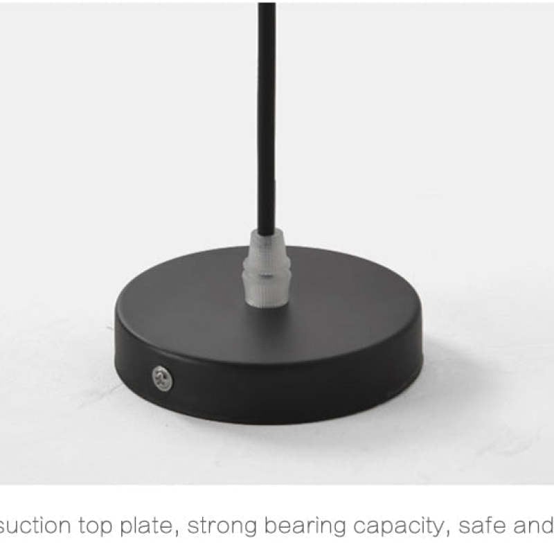 Close view of the round black ceiling canopy, central cord entry and a visible side screw