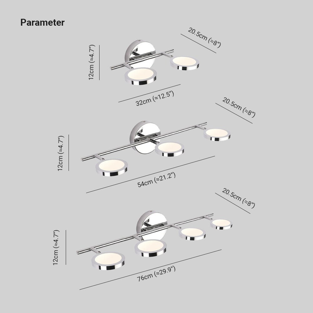 Leigh diagram showing 32, 54 or 76 cm width, 12 cm height and 20.5 cm projection.