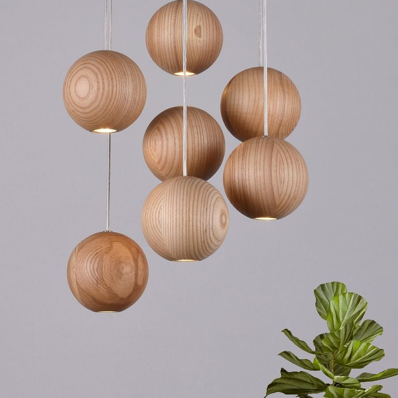 Seven-light Ozawa wooden globe pendant cluster