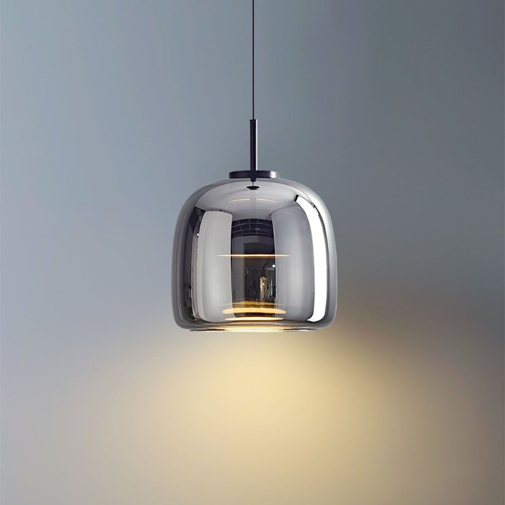 Compact taller smoke-grey Hailie glass shade with black inner stem and illuminated disc on grey background