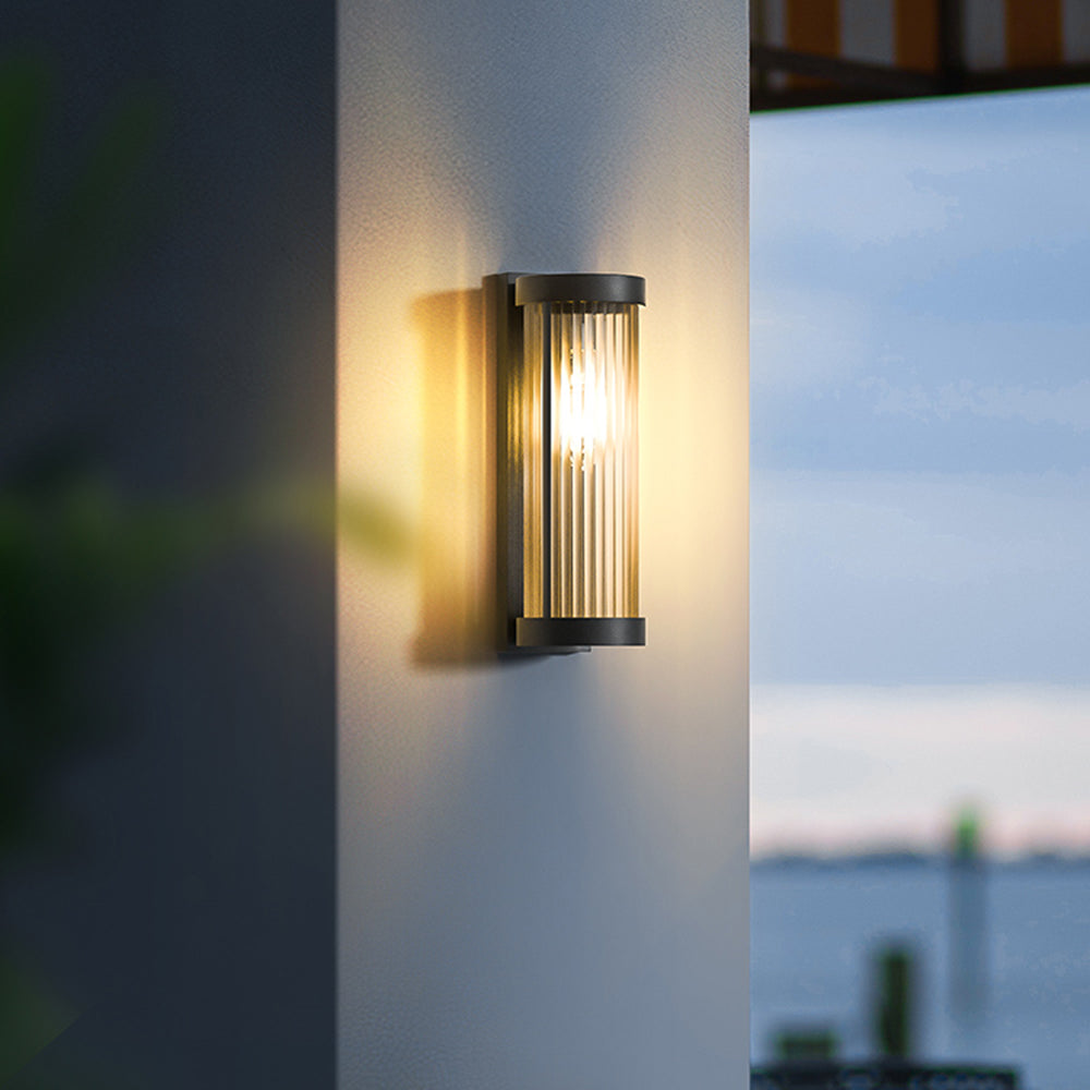 Orr Modern Cylindrical Metal/Glass Solar Waterproof Outdoor Wall Lamp, Black - Cueteks