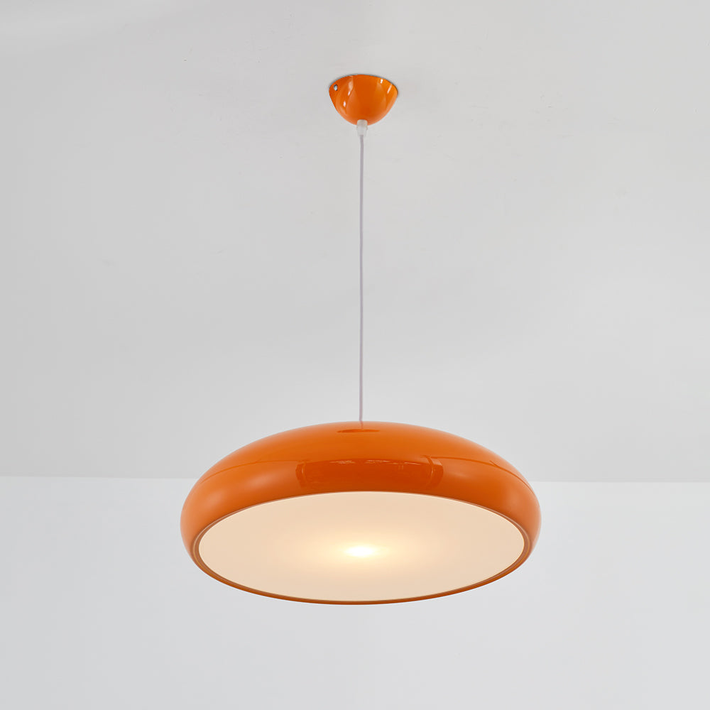 Full orange dome pendant with matching ceiling canopy, white cord and illuminated underside