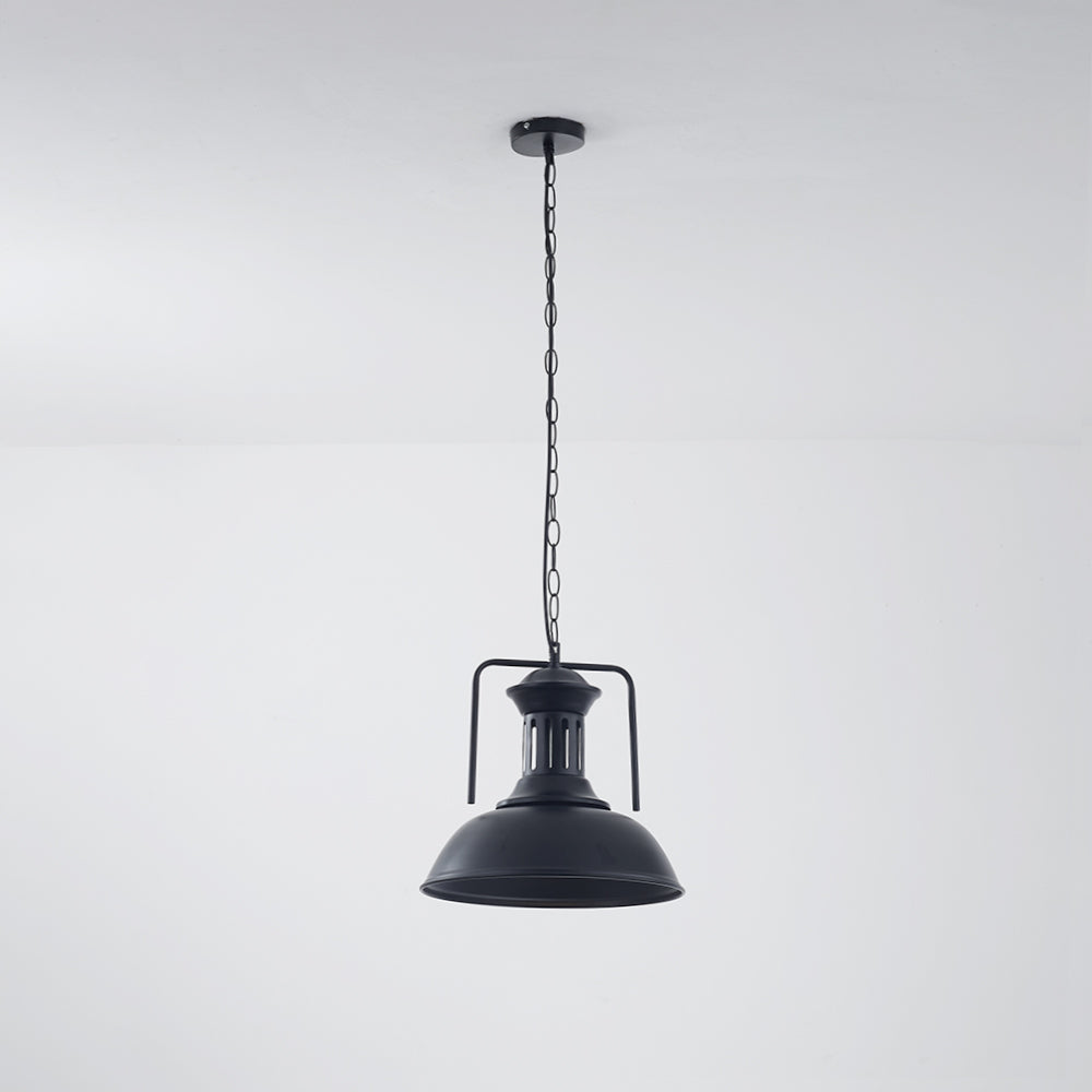 Full black Alessio dome pendant with a round ceiling plate, chain and squared upper bracket