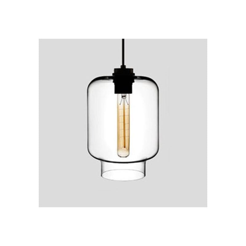 Clear rounded cylindrical glass pendant with a narrower lower neck and black holder