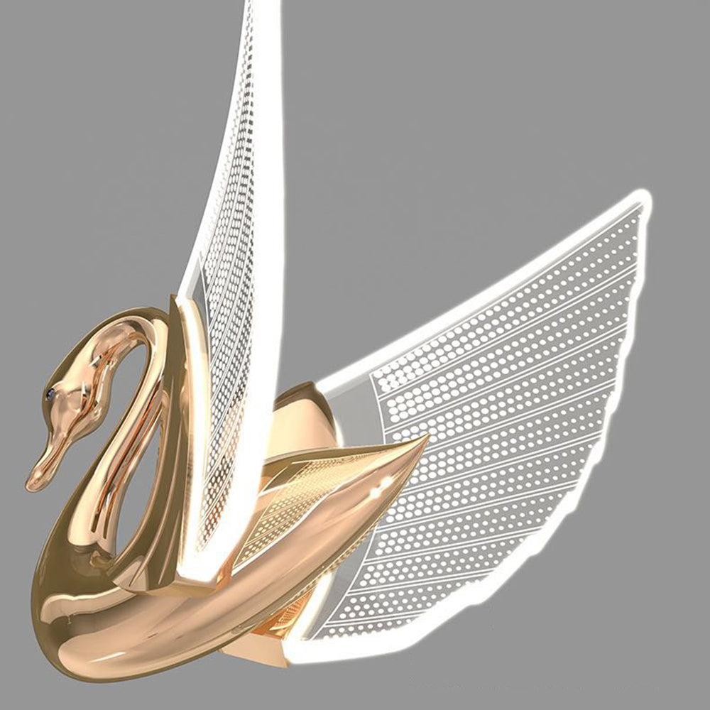 Kady swan head and body close-up with two clear dotted feather wings and glowing edges