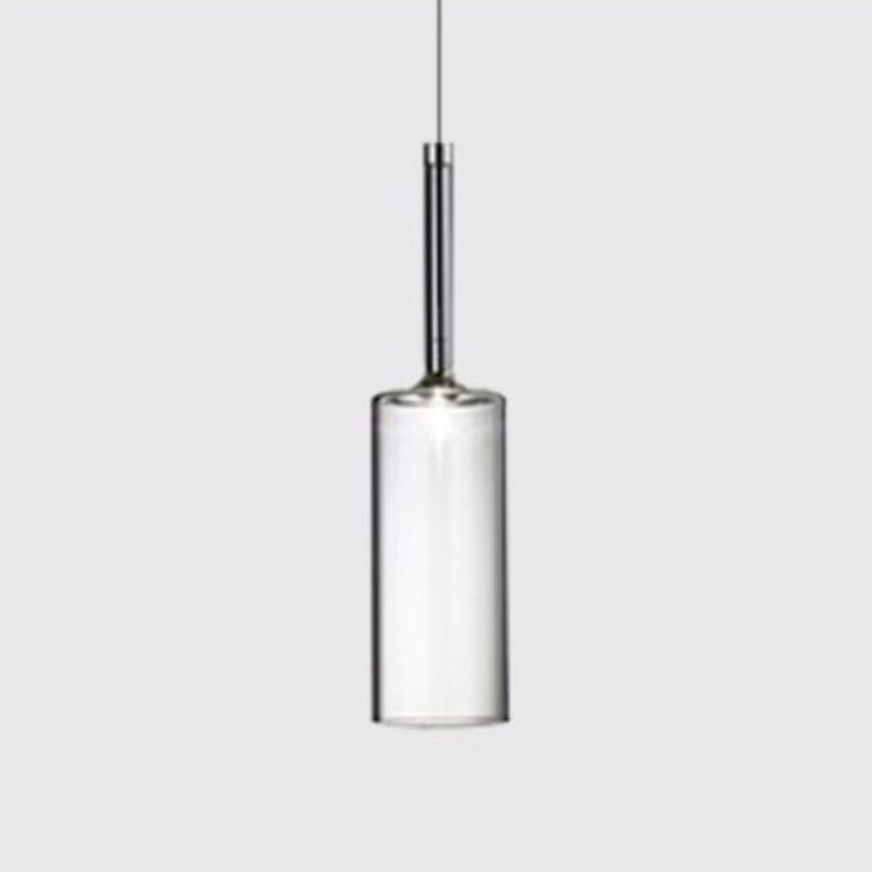 Close view of a clear tall cylindrical glass shade with a slender neck and top collar