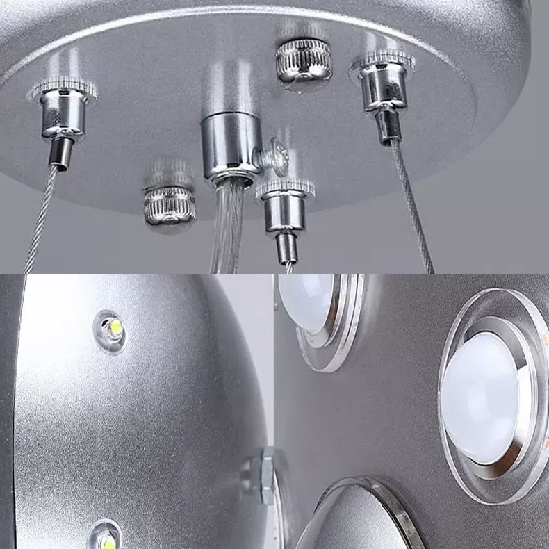 Detail collage of the Alessio ceiling canopy, suspension fittings and saucer lights.