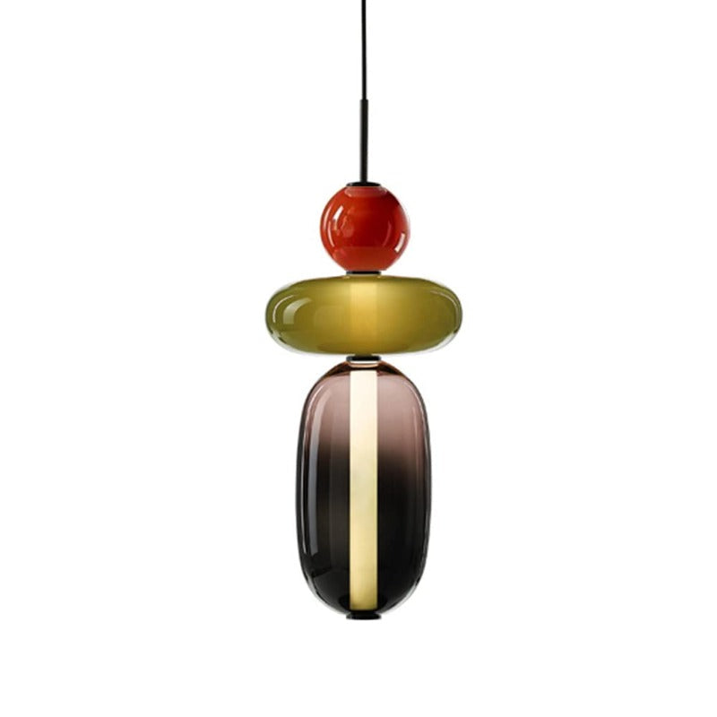 Morandi Style I: red upper globe, olive-green flattened oval and smoky elongated lower glass