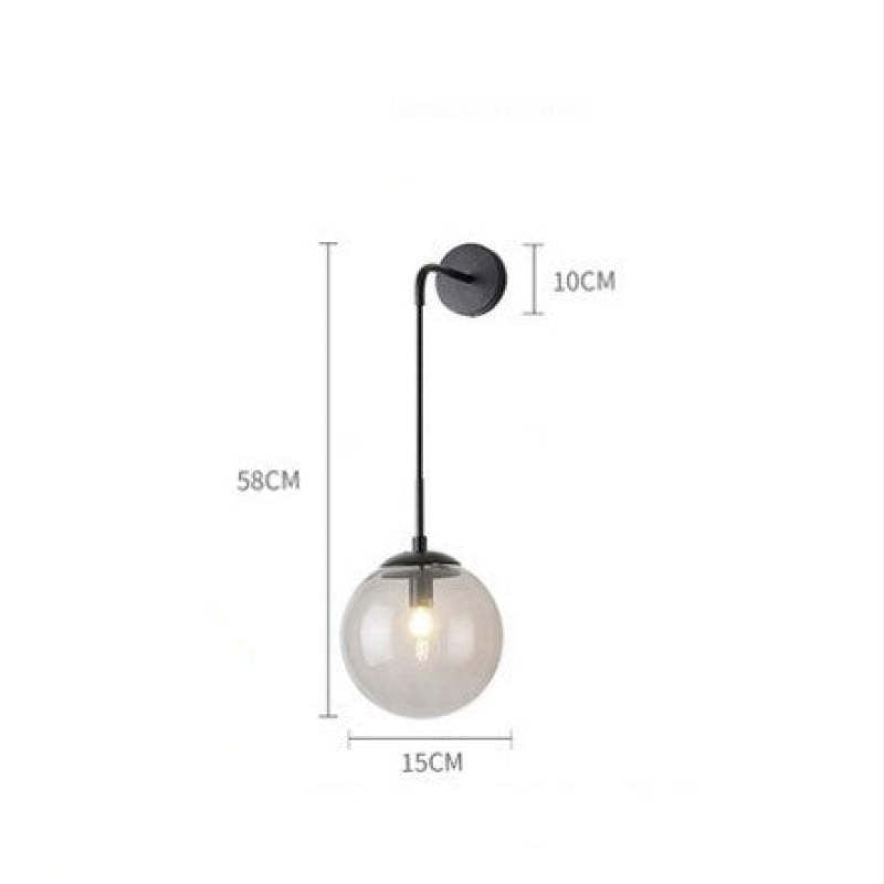 Black wall-light drawing marked 58 cm high, with a 10 cm round plate and 15 cm globe