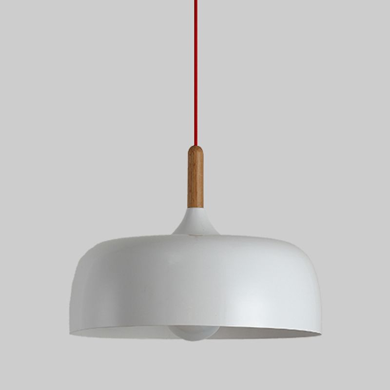 Close view of the white deep dome, woodgrain-look collar and red suspension cord