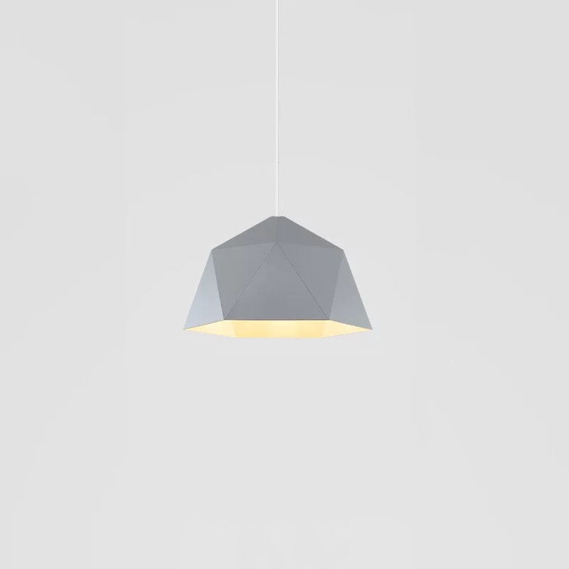 Gray angular pendant shade with triangular planes and a pale-looking open underside
