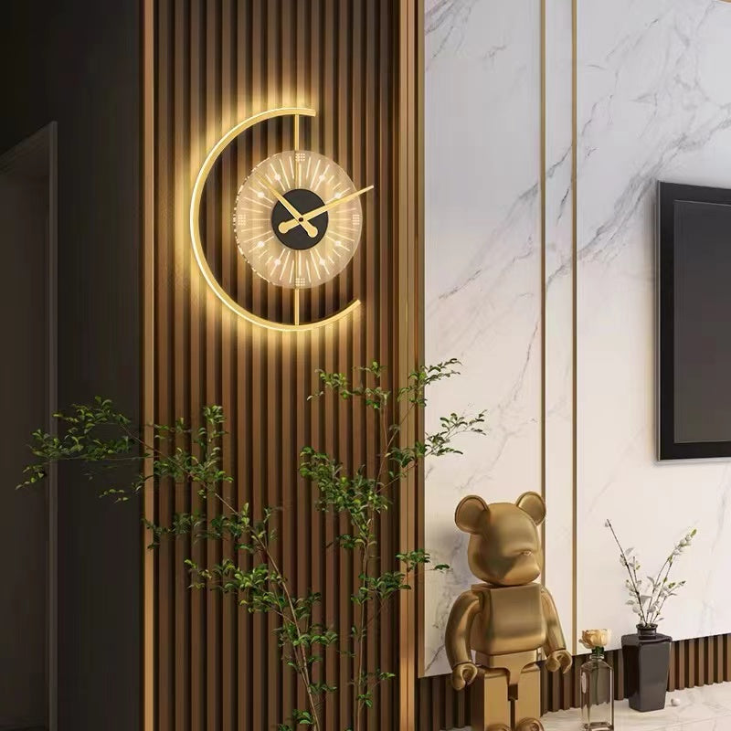 Nielsen clock wall light on a slatted wall beside a television, plants and a bear sculpture