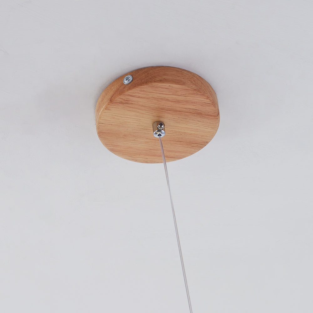 Close-up of a round wooden canopy with visible grain, fastener and Silver-toned cable attachment on a White ceiling