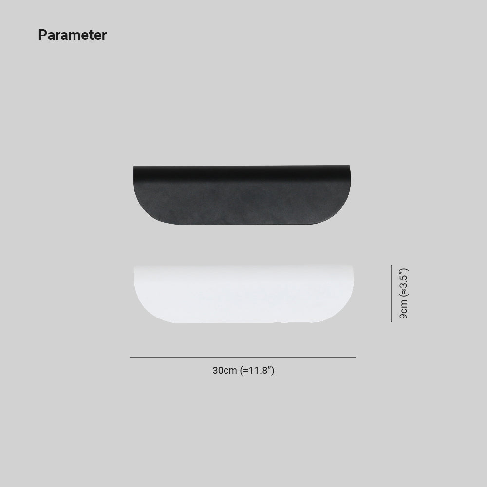 Black and White curved wall light drawing marked 30 cm long and 9 cm high