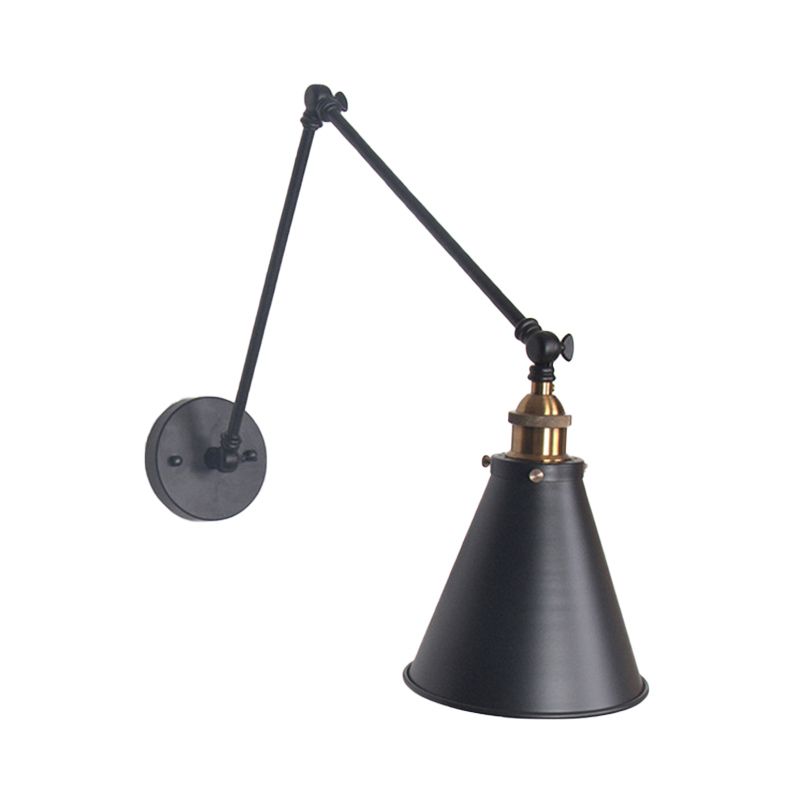 Brady Black conical wall light with round plate and two jointed arm sections in isolated front view
