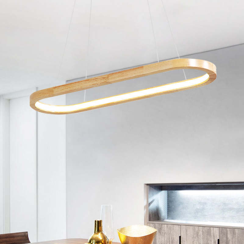Wood-toned oval pendant from below near wall