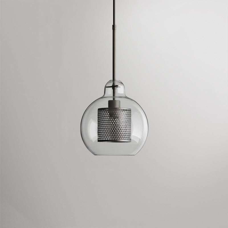 Silver Oneal D pendant with necked rounded glass and a perforated cylindrical metal insert