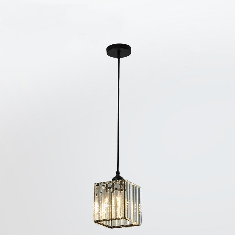Isolated single square glass-bar shade with black frame, small round black canopy and black suspension cord