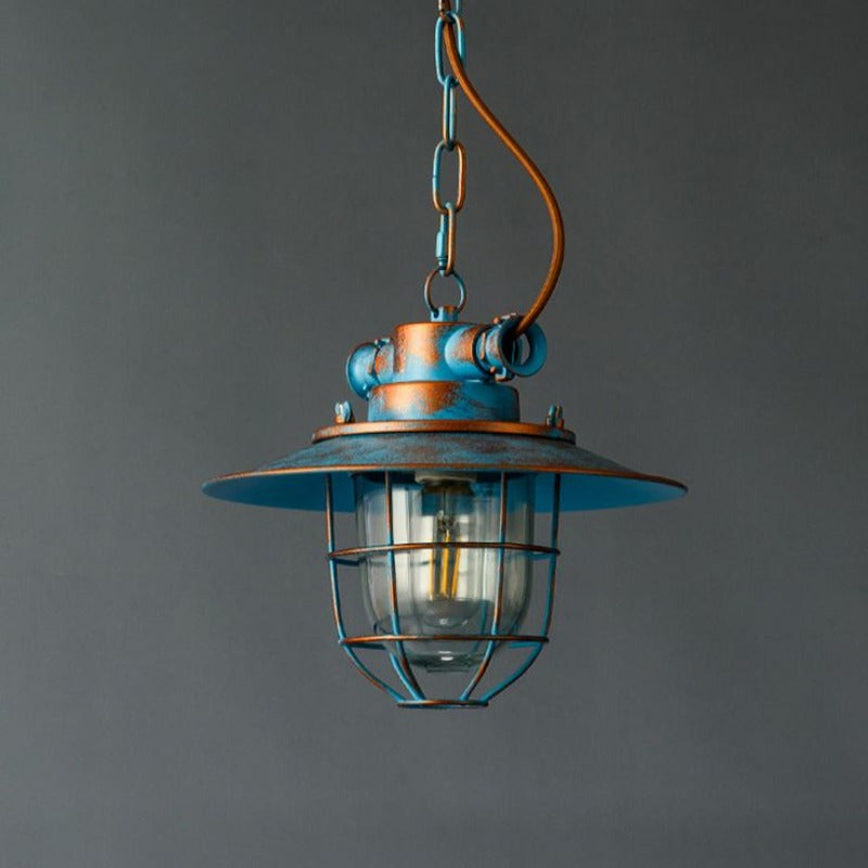 Blue Alessio cage pendant with chain suspension and exposed brown cord