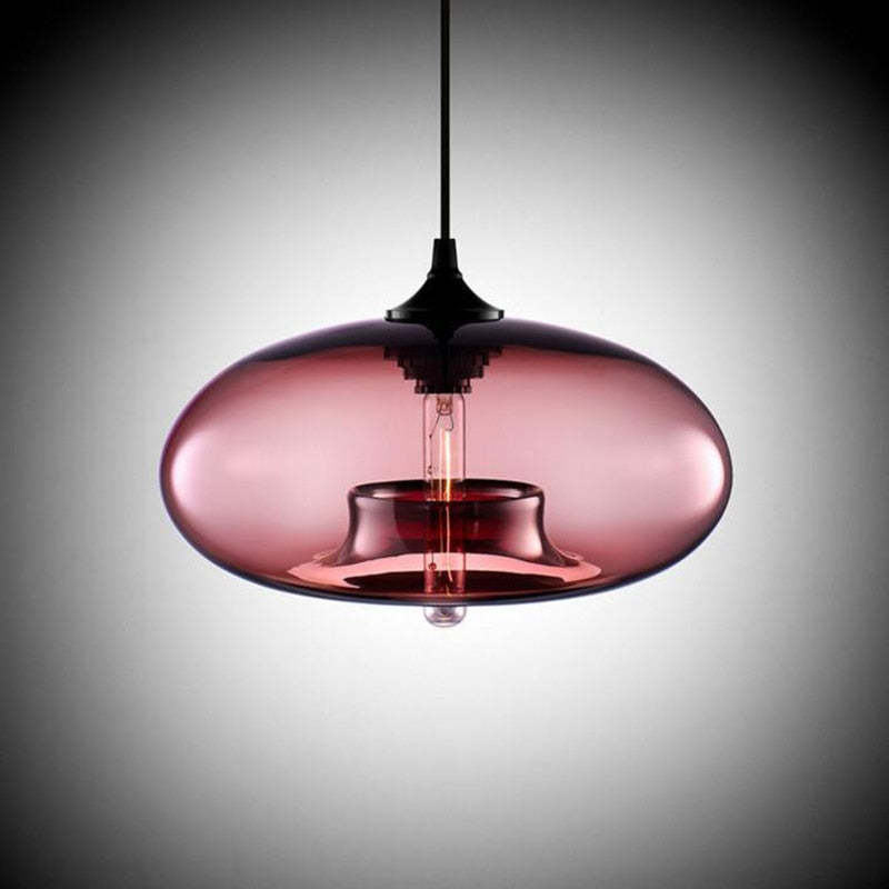 Pink glass pendant shade with Black cap, central bulb and inward-raised lower opening on a gradient background