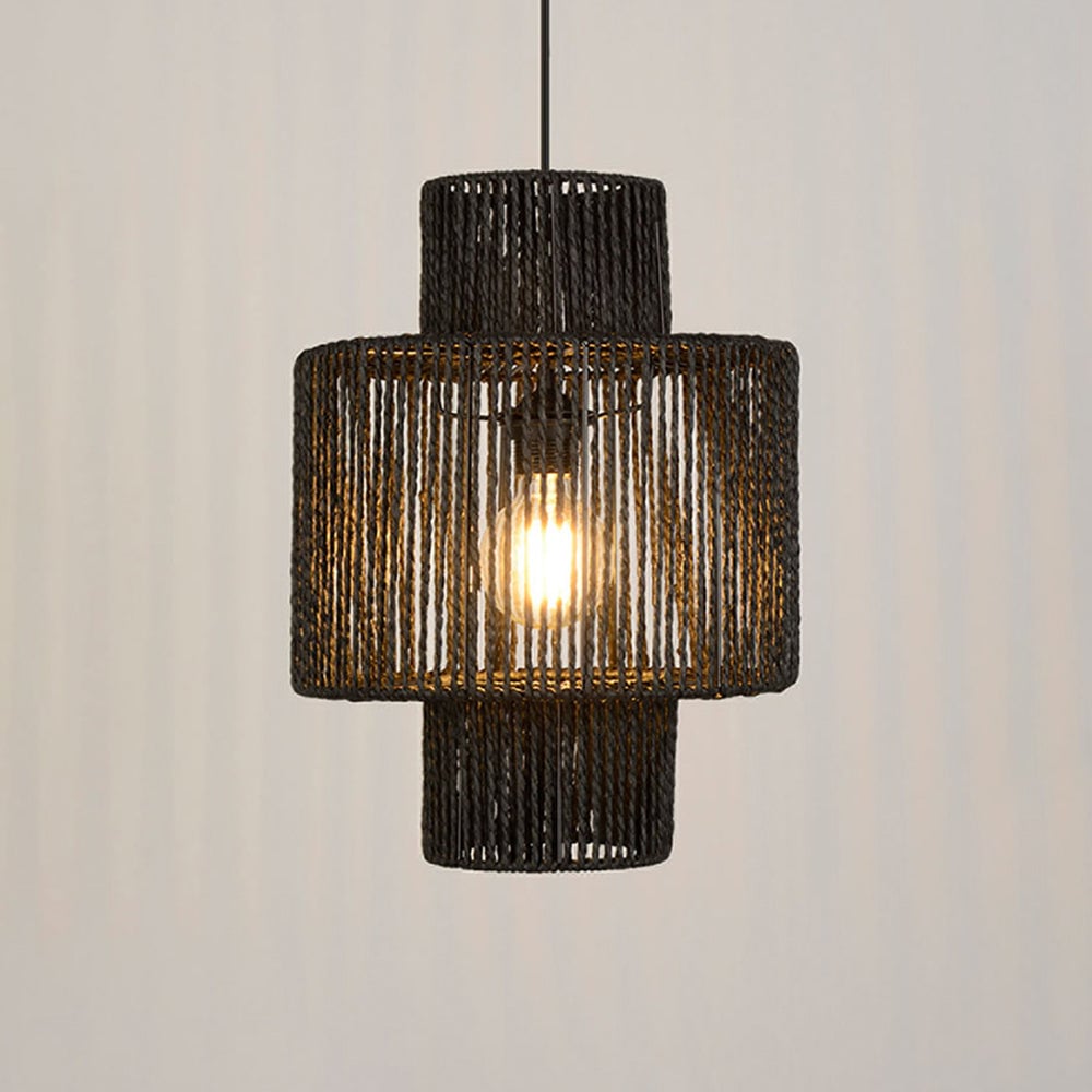 Tall black woven pendant with a central drum and cylindrical ends