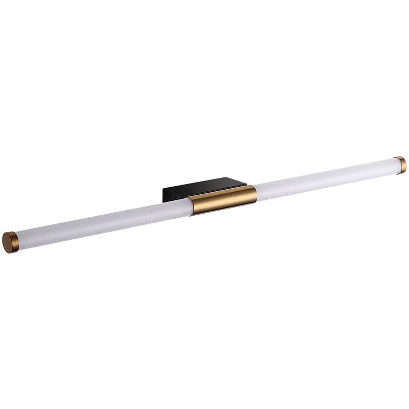 Oblique view of unlit white tubes with gold centre and end caps, revealing the black rectangular wall mount