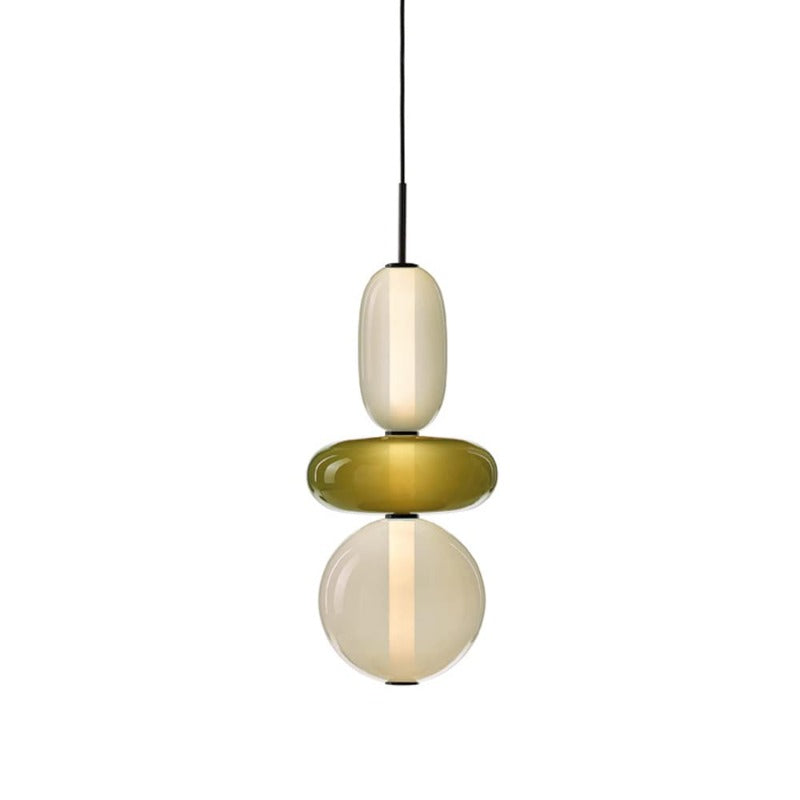 Three-form pendant with a pale capsule, olive-toned flattened oval and pale lower globe on a black stem