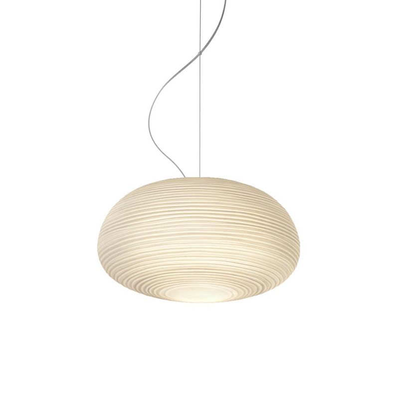 Close wide flattened white ribbed shade with metal top cap and visible suspension and leads on white